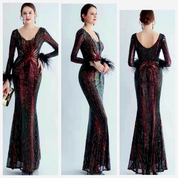 Red and Black Long Sleeve Scoop Neck Wedding Gown - Picture 1 of 12